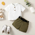 Baby boy Casual Set solid Color Top+Military green short sleeved Two-piece Set suitable for Toddlers aged 0-24 Months Summer Set