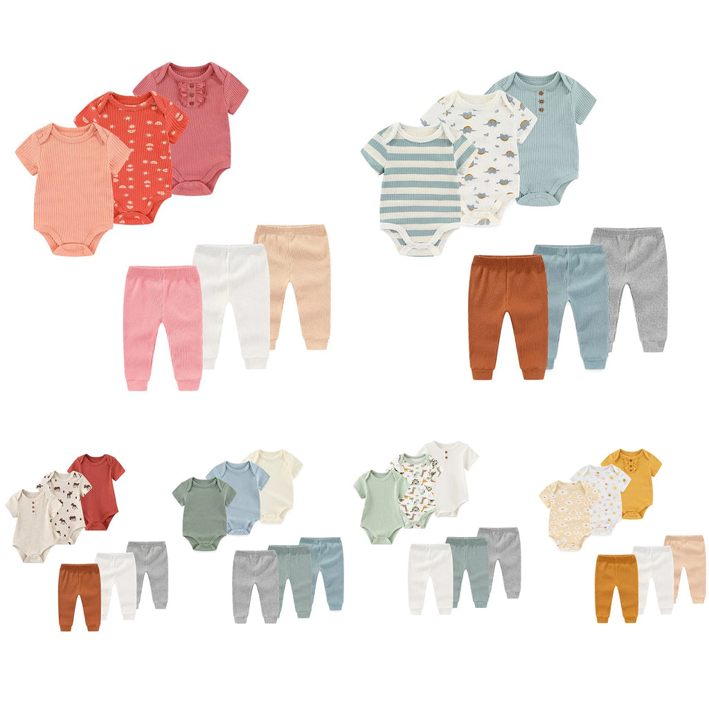 6-Pack Cartoon Cute Newborn Clothing Set Soft Baby Boys Girls Short Sleeve Bodysuits+Pants Suit 0-12 Months Infant Clothes