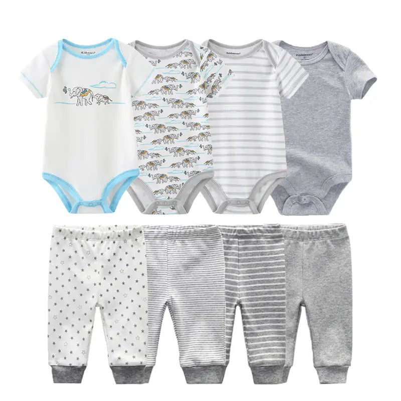 8-Piece Cartoon Baby Bodysuits and Pants Cotton Newborn Unisex Short Sleeve Onesies Trousers 0-12 Months