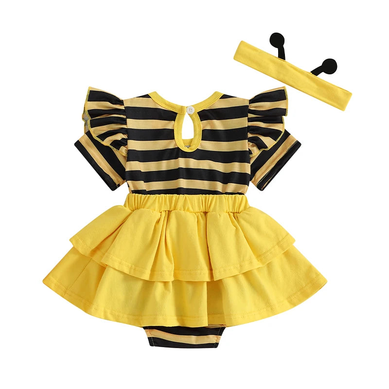 0-18M Newborn Baby Girl Romper Dress Summer Short Sleeve Striped Bee Pattern Tierred Bodysuit with Headband Cute Infant Clothes