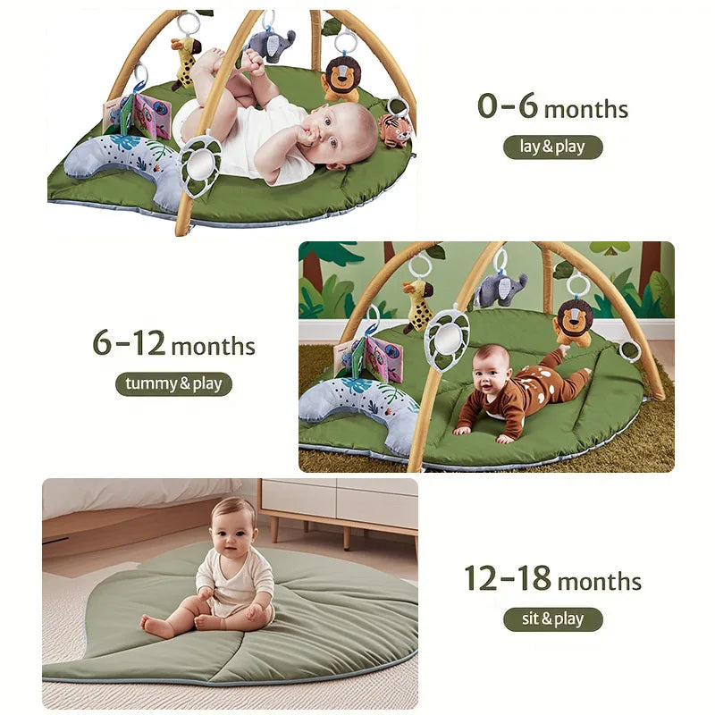 Baby Activity Gym Play Mat Leaf Shaped Crawling Rug with Mirror Sensory Hanging Toys Cloth Book Tummy Time Pillow 0-18M