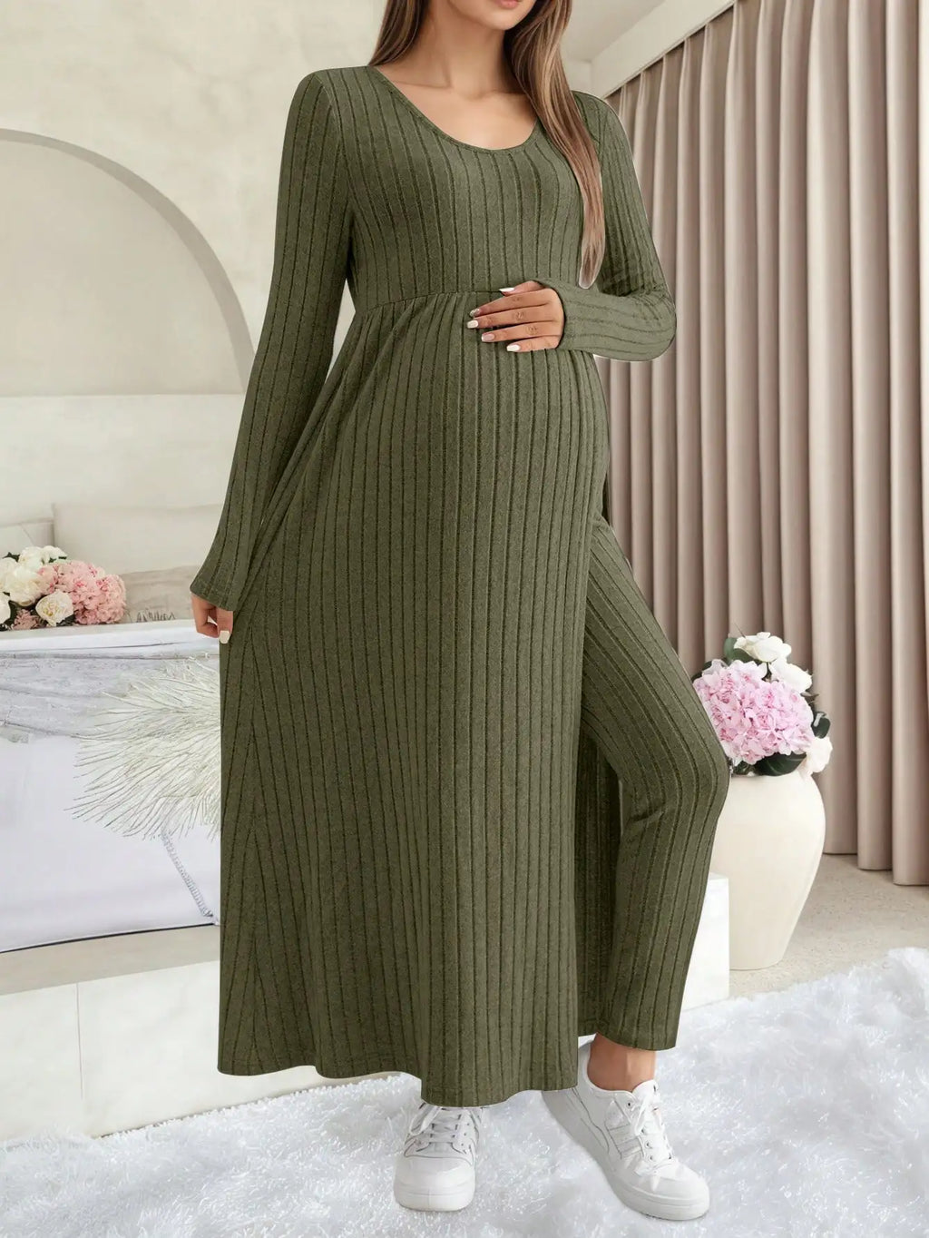 Maternity Women's Two Piece Sets and Outfits Long Sleeve Soft Ribbed Longline Casual Home Lounge Pants Set
