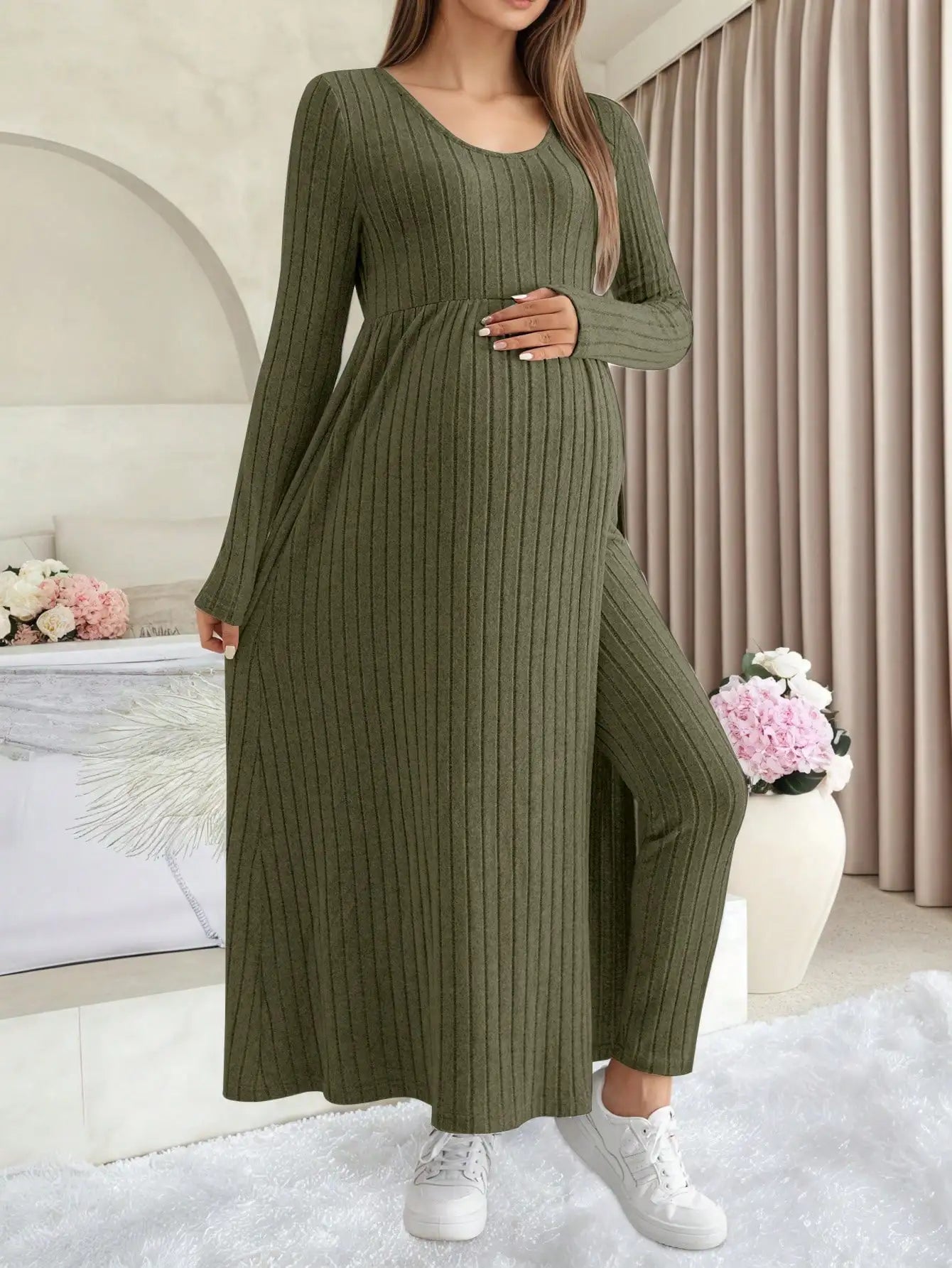 Maternity Women's Two Piece Sets and Outfits Long Sleeve Soft Ribbed Longline Casual Home Lounge Pants Set