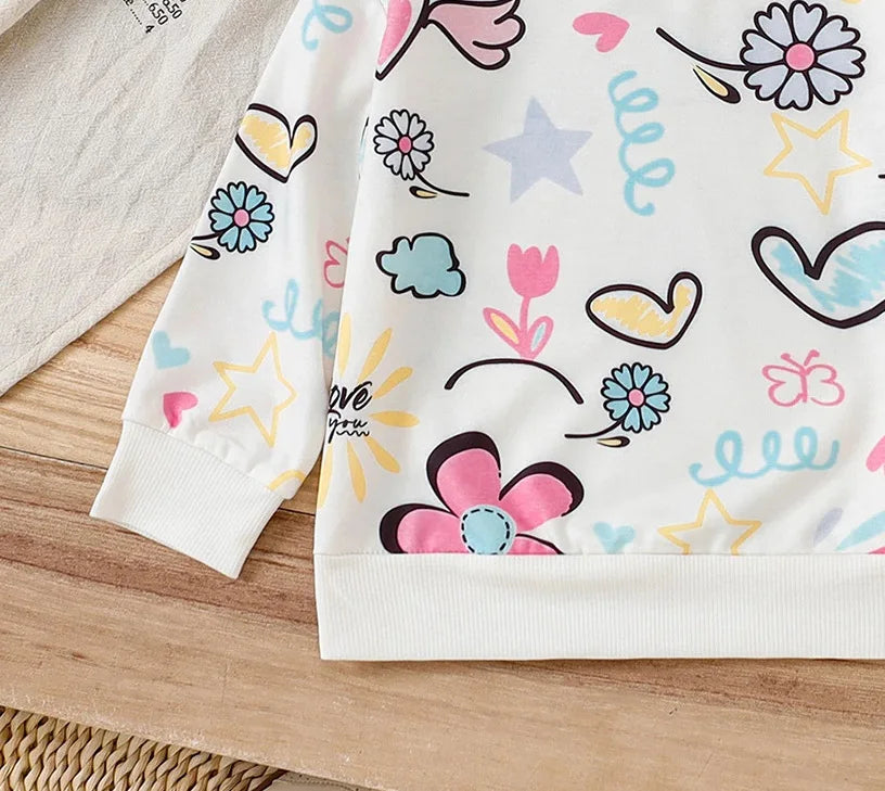 Children's clothing girls' Hoodie Round neck Graffiti Flower Pattern Long sleeved Casual Top for Girls Aged 4-7 in Autumn Hoodie