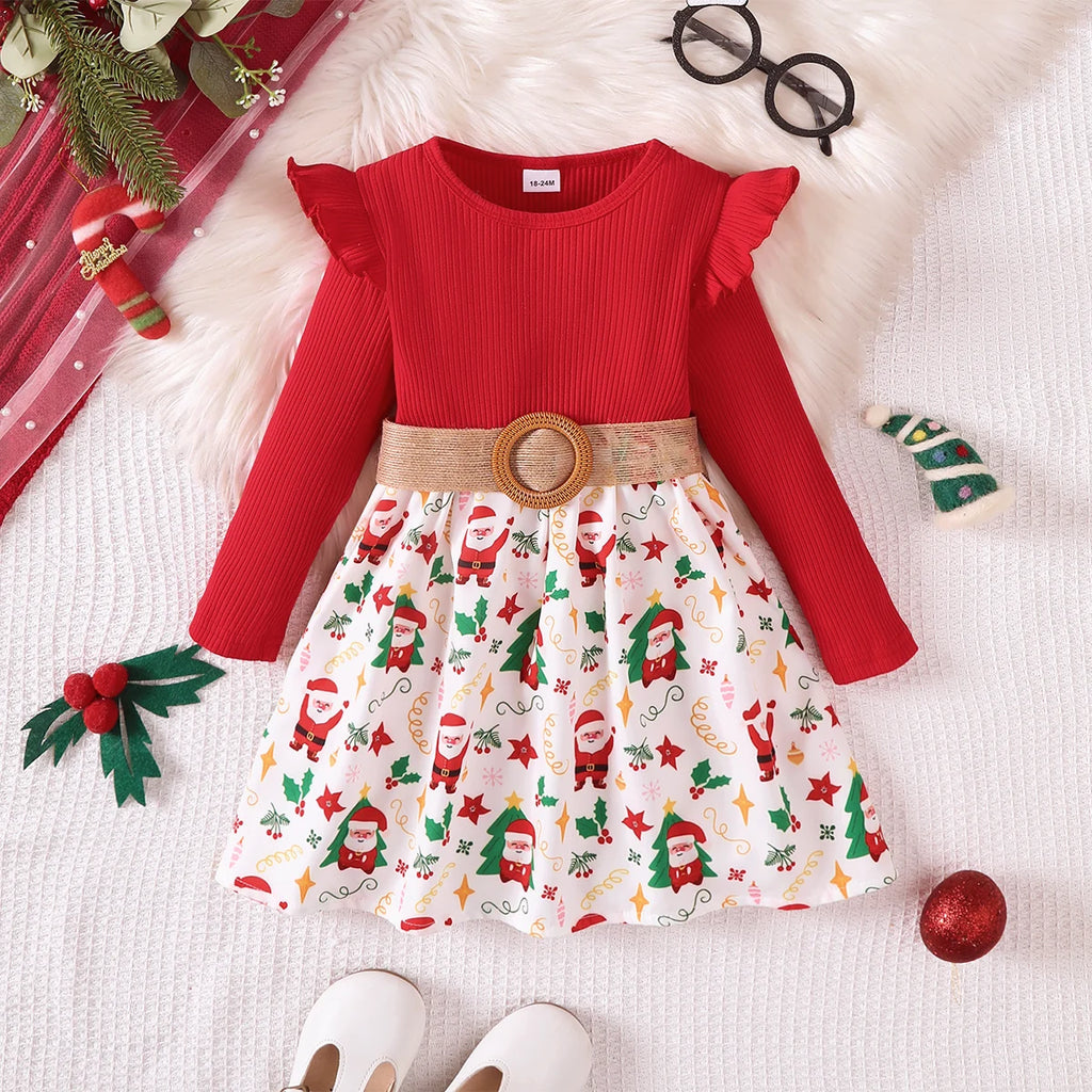 Girls' Christmas Dress Round Neck Santa Claus Printed Long Sleeve Dress+Belt 2Pcs/Set New Year's Clothing for Girls 1-7 Years