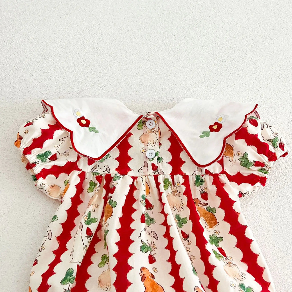 insBaby Girl Rabbit Cartoon Print Embroidered Collar Romper Infant Toddler Sweet Summer Short Sleeve Jumpsuit