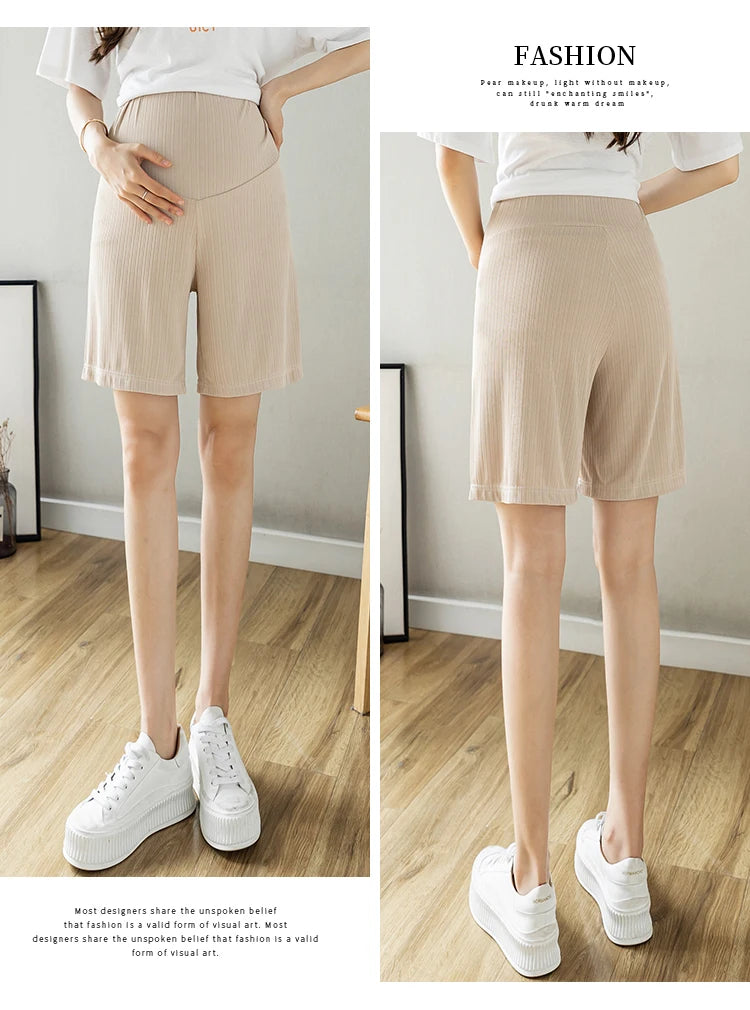 Summer Korean Style Pregnant Woman Ice Silk Shorts Knee-length Adjustable Waist Solid Color Maternity Wide Legs Straight Shorts