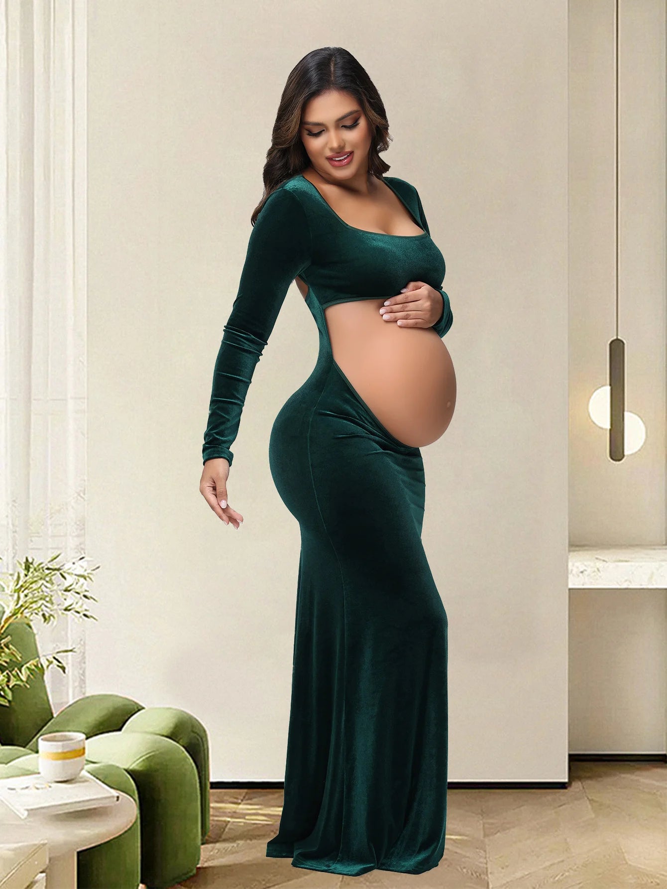 Maternity Photography Dress Velvet Sexy Exposed Belly Long Sleeve Backless Square Neck Women Photoshoot Dress