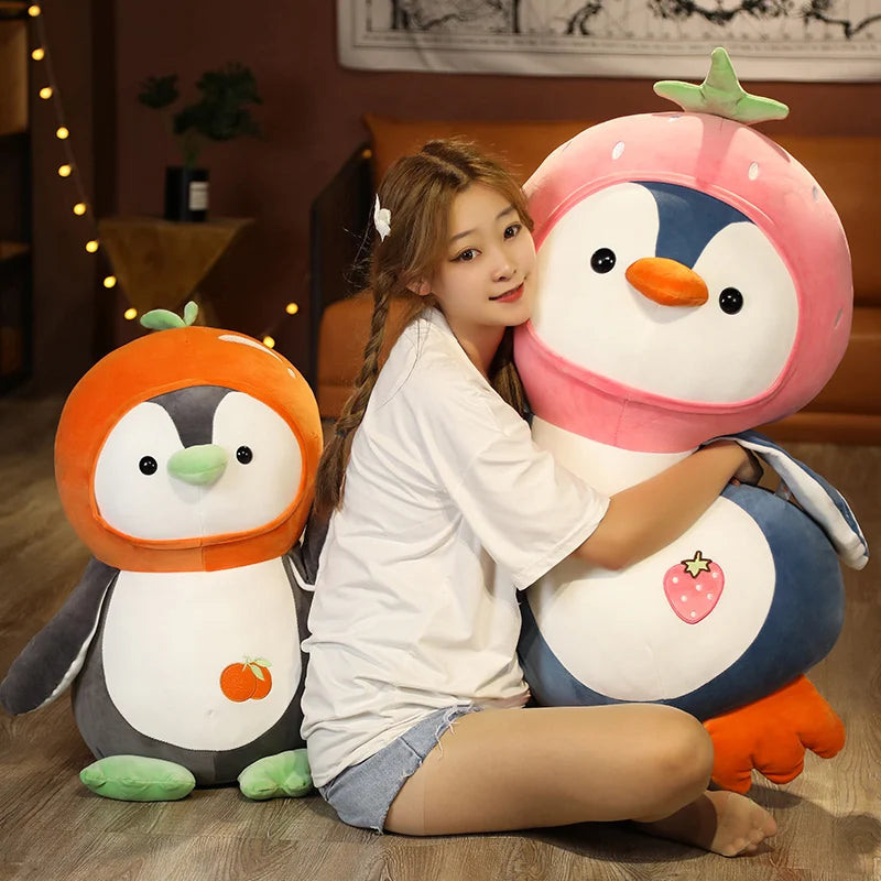 1PC Cartoon Penguin Plush Toys Kawaii Soft Doll Dress up Strawberry Orange Kids Plushie Girls Gift