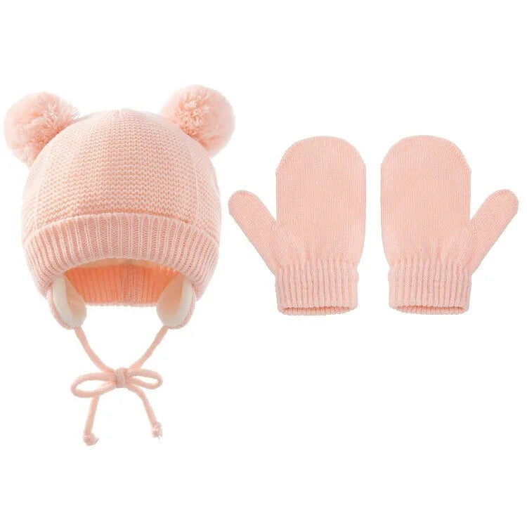 Cross-Border Baby Hat Two-Piece Set Knitted Hat Gloves Foreign Trade Classic Style Warm Hat Gloves Set for Children