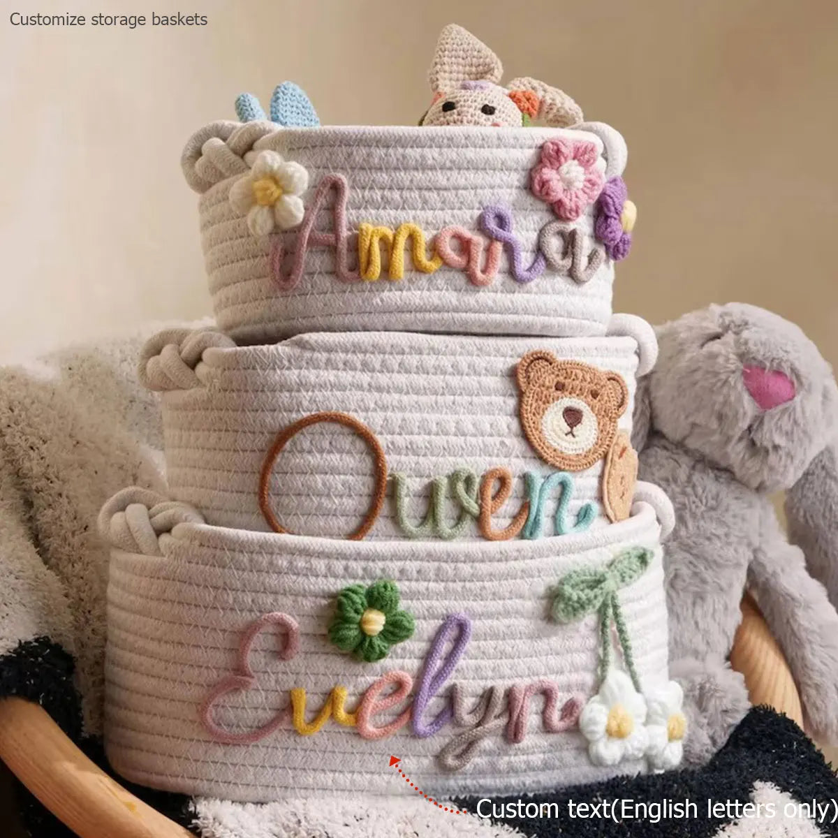 Personalized Cotton Rope Storage Basket with Letter – Handmade Gift & Easter Basket