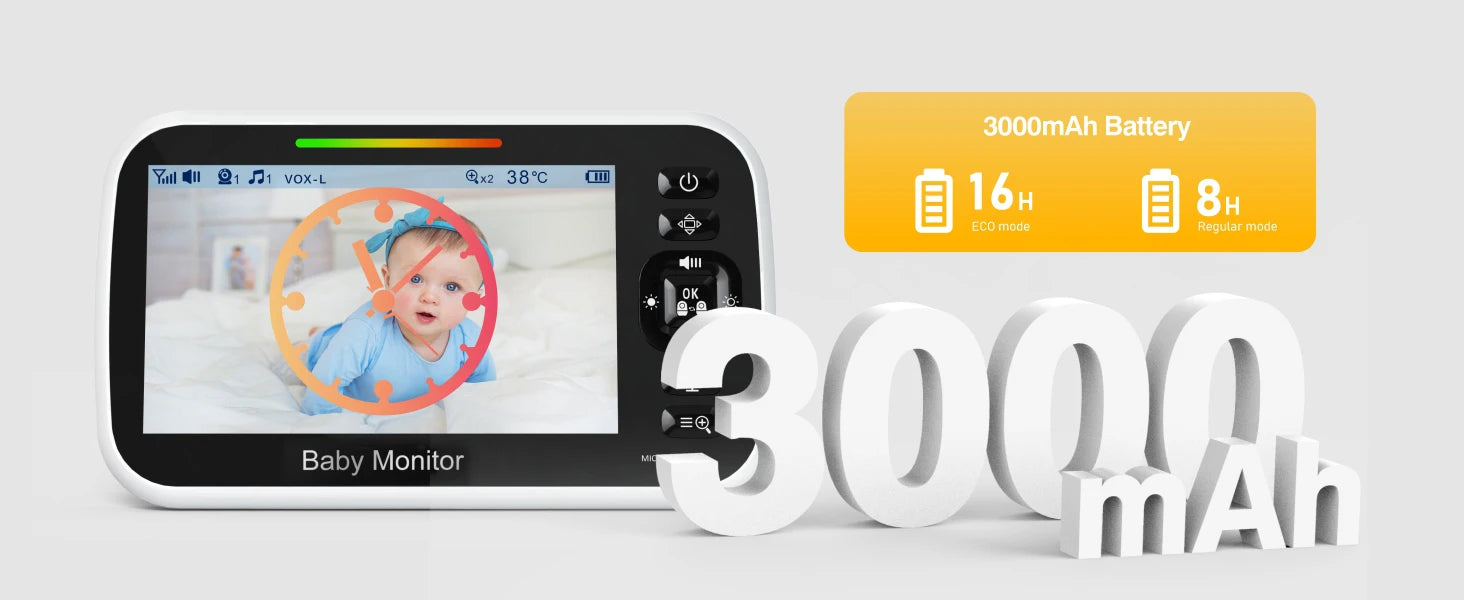 Baby Monitor with Camera 5'' Display with 30 Hours Battery, Pan-Tilt-Zoom Video Baby Monitor No WiFi, 2-Way Call, Temperature