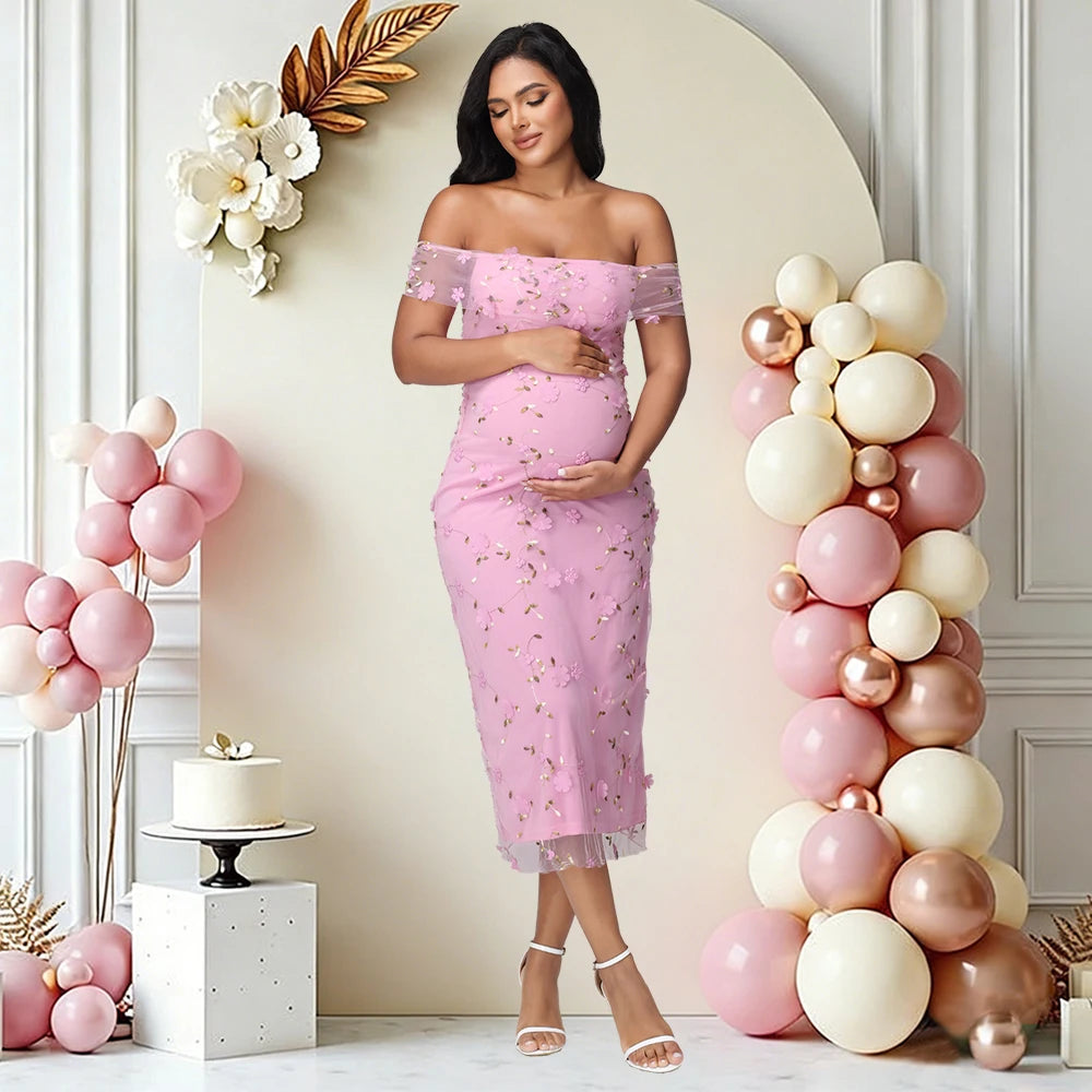 Maternity Off Shoulder Twist Floral Mesh Midi Dress Elegant Wedding Party Pregnant Women Gown for Baby Shower Photoshoot