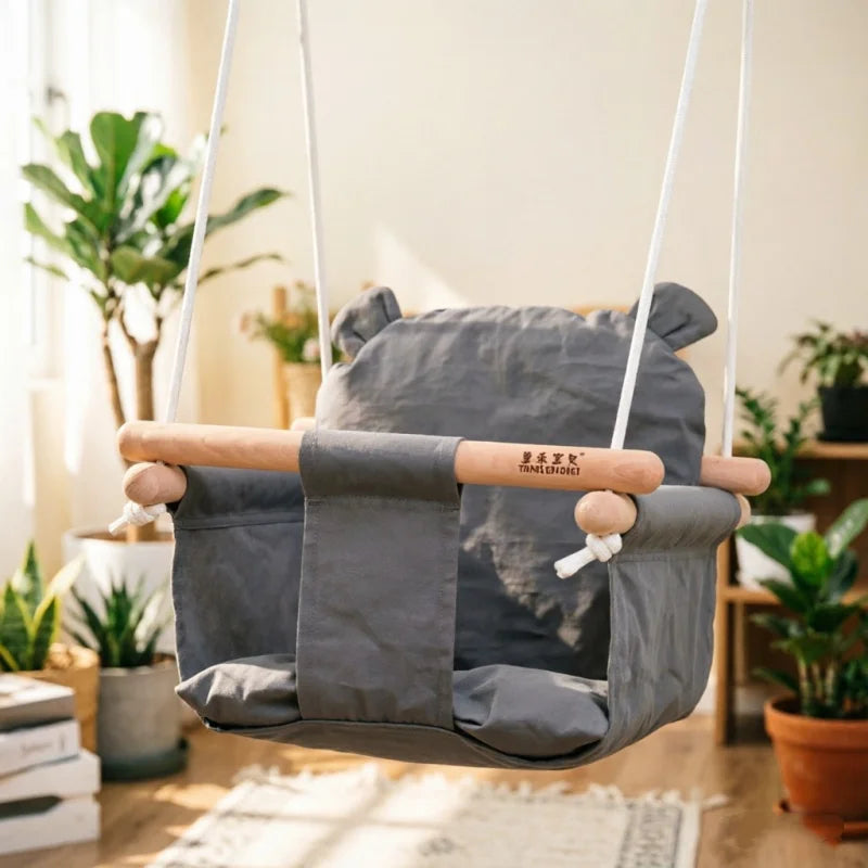 Beige Canvas and Wood Baby Swing Chair - Indoor Outdoor Hanging Toy