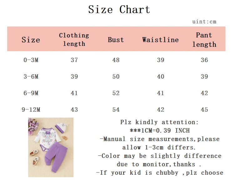 3Pcs/Set Baby girl Cute Elephant Purple Bodysuit+pants+Hat Set Suitable for Newborns aged 0-12 Months in Spring and Autumn