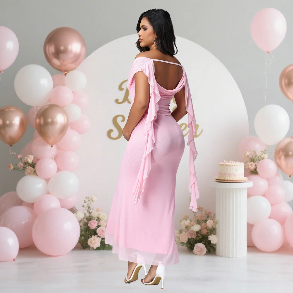 Maternity Mesh Off Shoulder Women‘s Dress for Photoshoot Exquisite Strapless Ruffle Drape Long Gown for Baby Shower