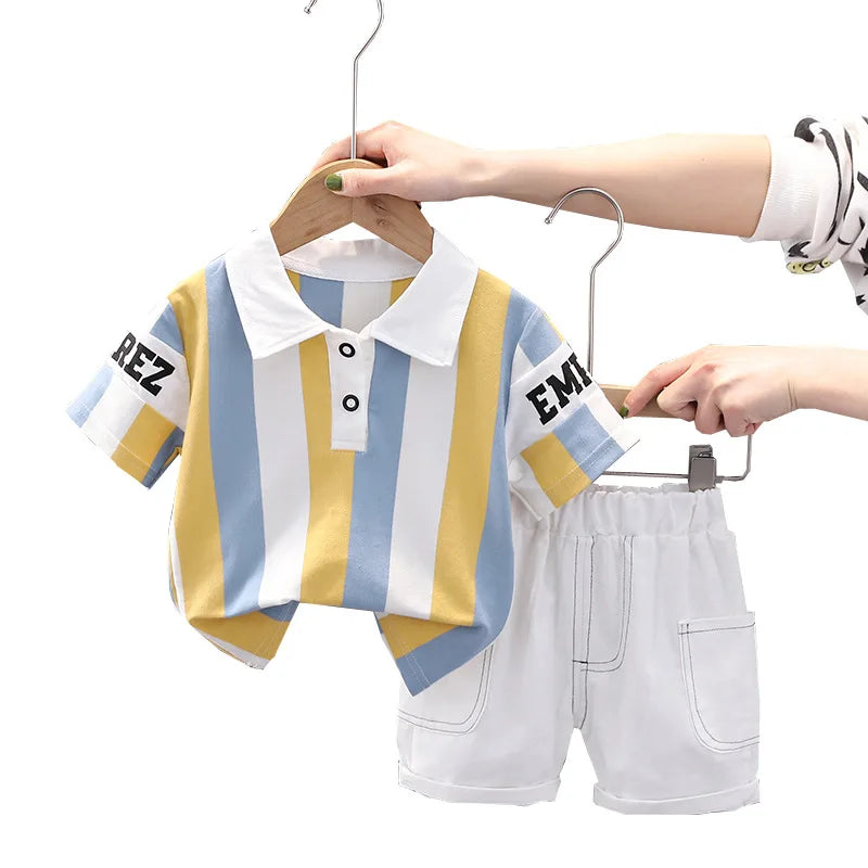 ‌New Boys Cotton Striped Shorts Set 2-Piece Summer Outfit Fashion Short Sleeve Casual Playwear Stylish Kids Clothing‌