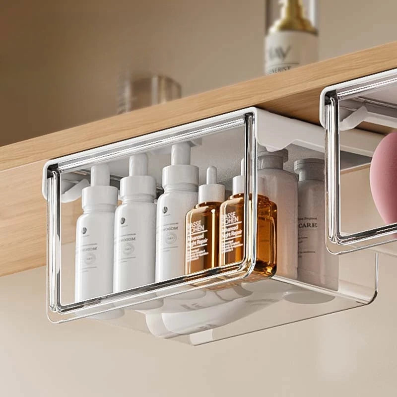Transparent Drawer Storage Box Pull-Out Under Mirror Cabinet Oragnizer Case Bathroom Makeup Cotton Stick Makeup Holder Organizer