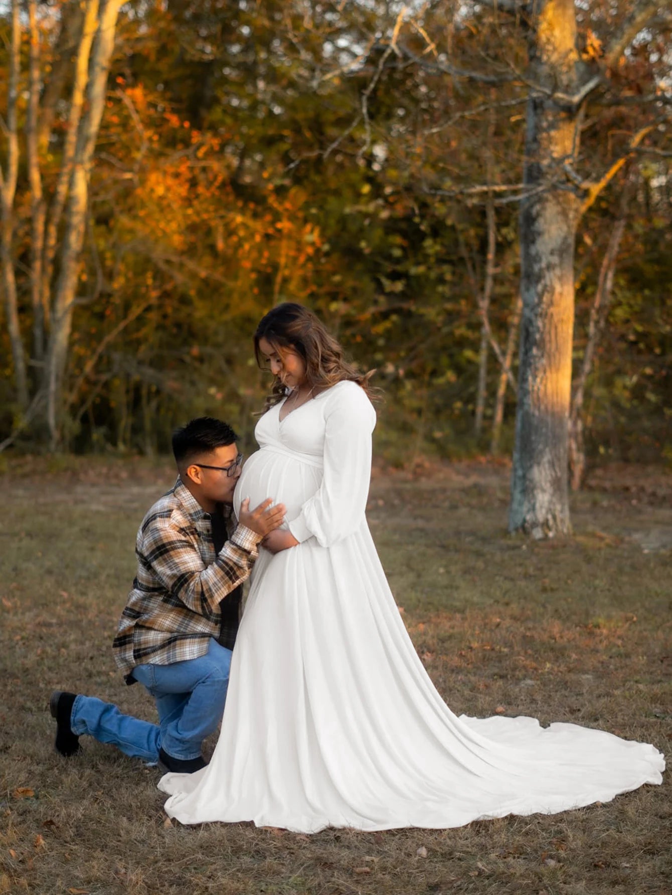 Maternity Photography Dresses Baby Shower Maxi Gown Lantern Sleeve V Neck Pregnancy Wrap Side Split Robe