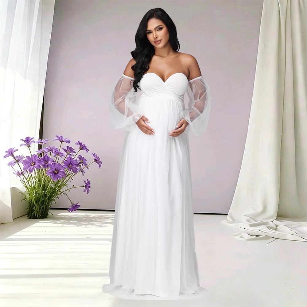 Maternity Sweetheart Neck Puff Sleeves Mesh Dress Side Split Party Gown for Photoshoot