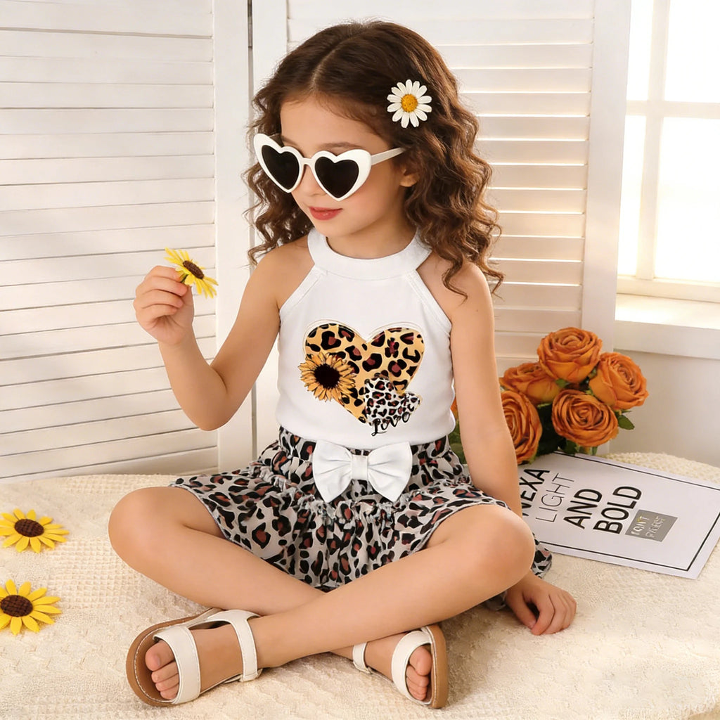 2Pcs Girls' Set sleeveless Leopard Print Heart Print Top +Bow Leopard Print skirt set 4-7 Year old Girls' Summer Fashion Set