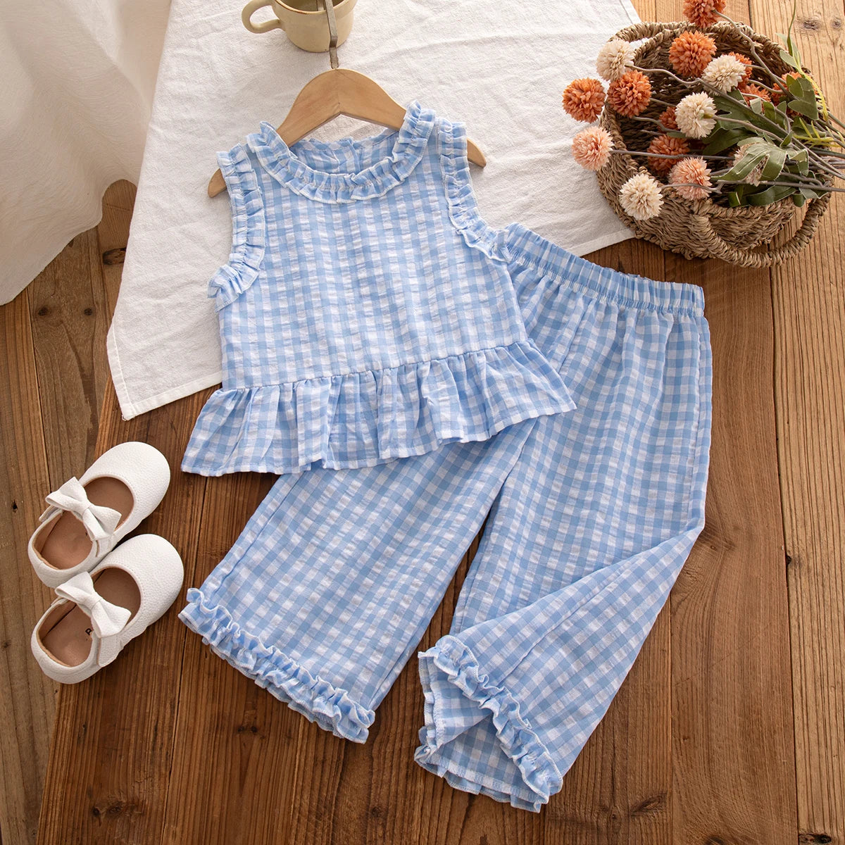 2pc/Set Girls' Outfit Set Summer Checkered Cotton Top And Shorts Baby Girl Clothing Cute Beach Baby Outfit Set