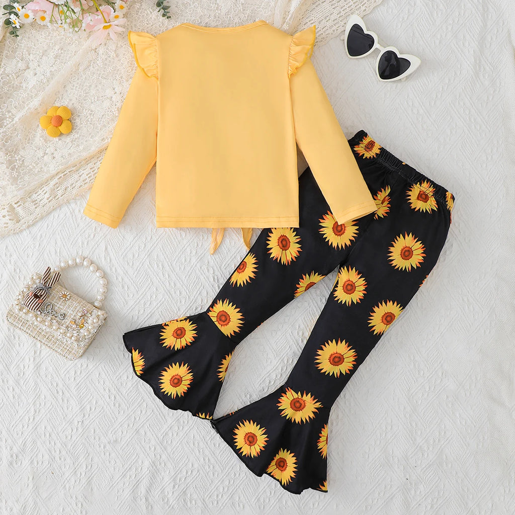 Children's clothing Girl Set Sunflower Print Top+Flared Long sleeved Two-piece Set for 4-7 Year old girls in Spring Autumn Set