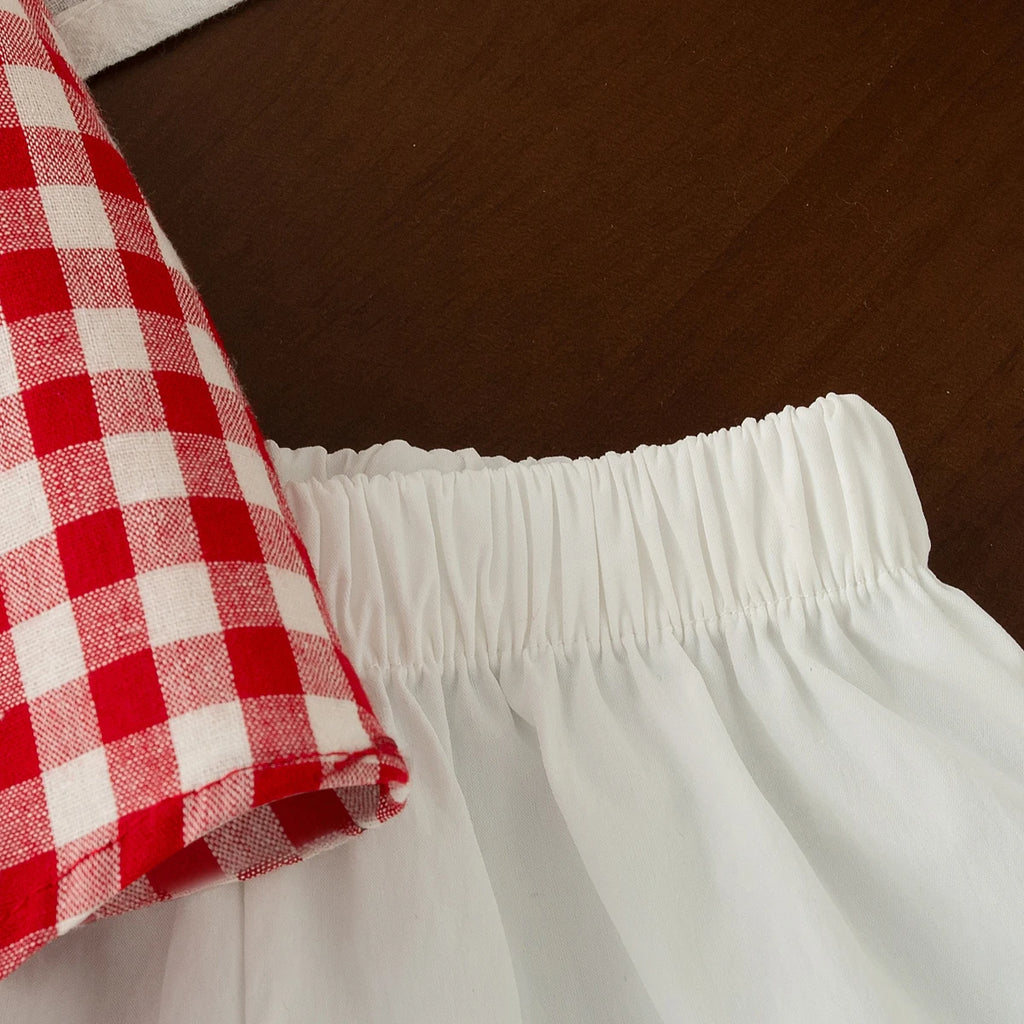 Summer Lovely Baby Girl Outfit Set Comfortable Cartoon Embroidery Red Plaid Doll Collar Top and Solid Color White Toddler Shorts