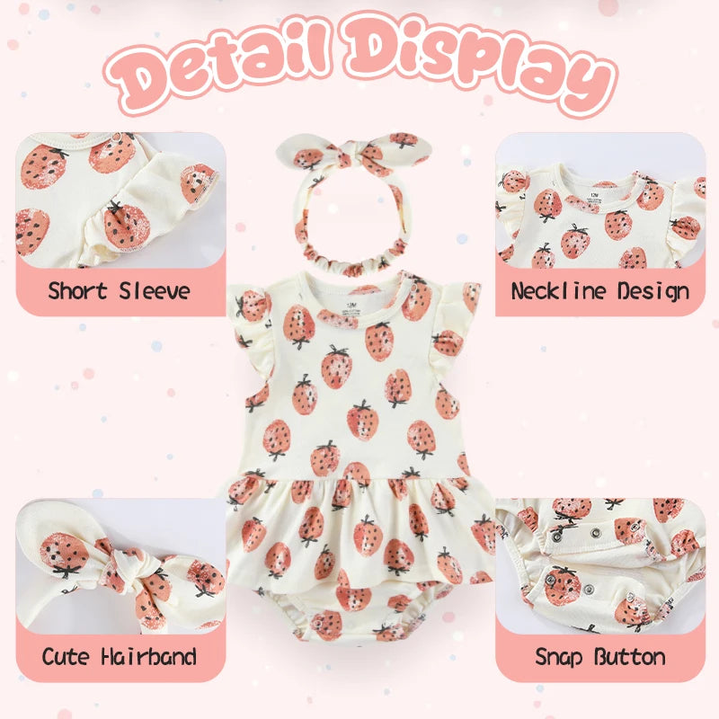 Cartoon Cute Baby Girl Clothing Set Ruffled Sleeveless Bodysuits Heaedband Summer Newborn Clothes 0-24 Months Infant Outfits