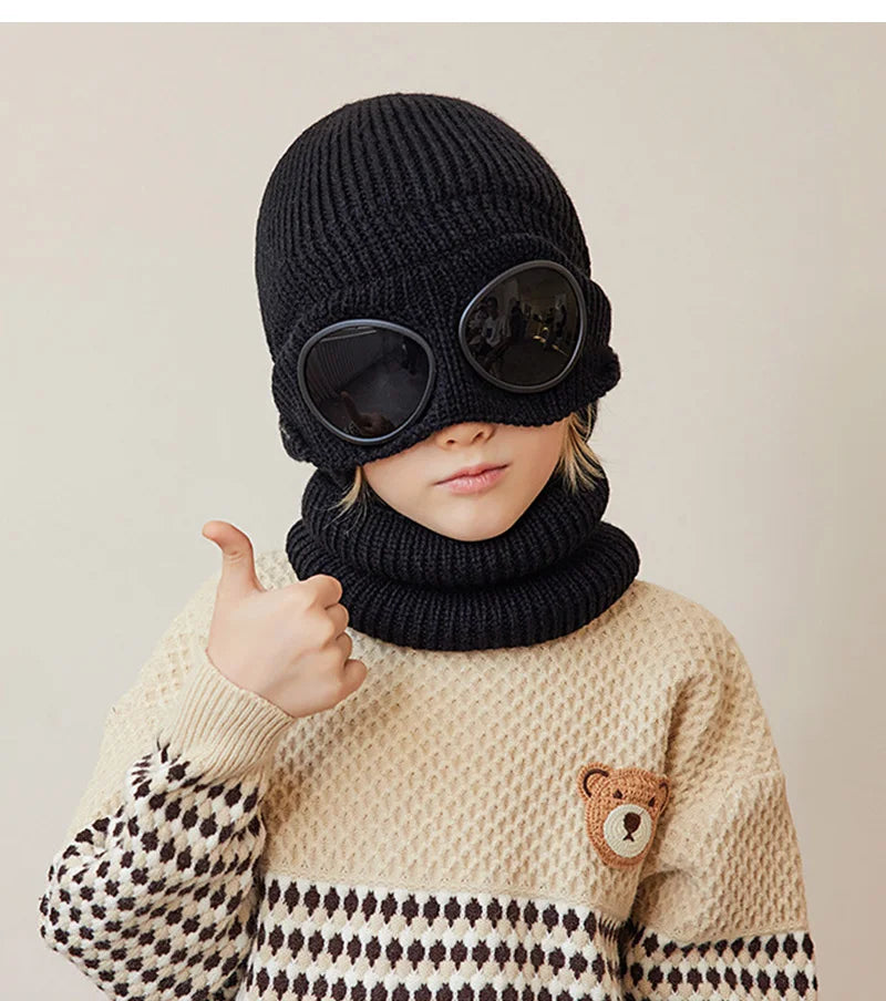 Skiing Children Winter Hat Scarf Set Knitted Kids Beanie with Goggles Ears Protection Child Bonnet Hats for Girls Boys 4-10Y