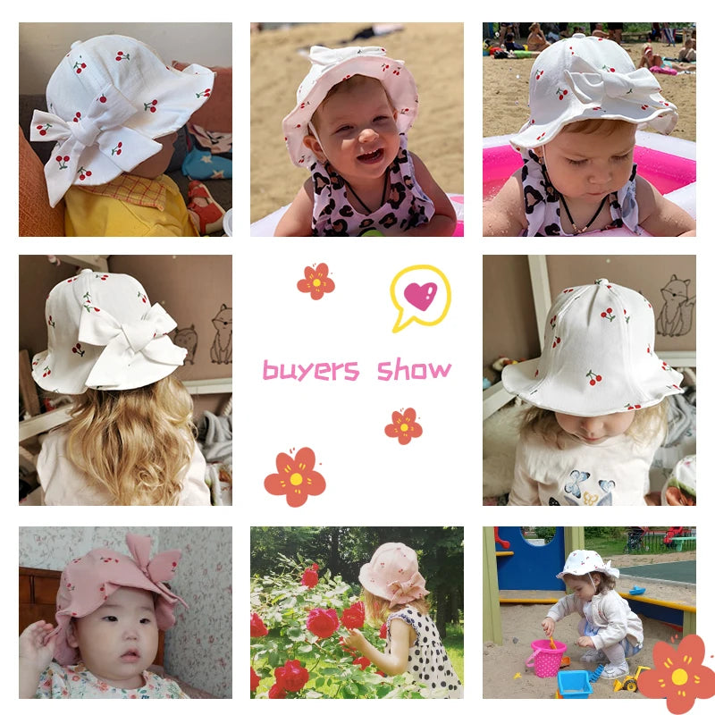 Cute Bowknot Baby Fisherman Hat Cherry Print Infant Bucket Cap 6-36Month Girls Kids Sunshade Visors Outdoor Children Basin Caps