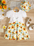 3Pcs Kid Girl Dress Sunflower Sleeveless Dress+Shawl+Hat Girl Summer Vacation Casual Dress Set for girls aged 3-8 Years