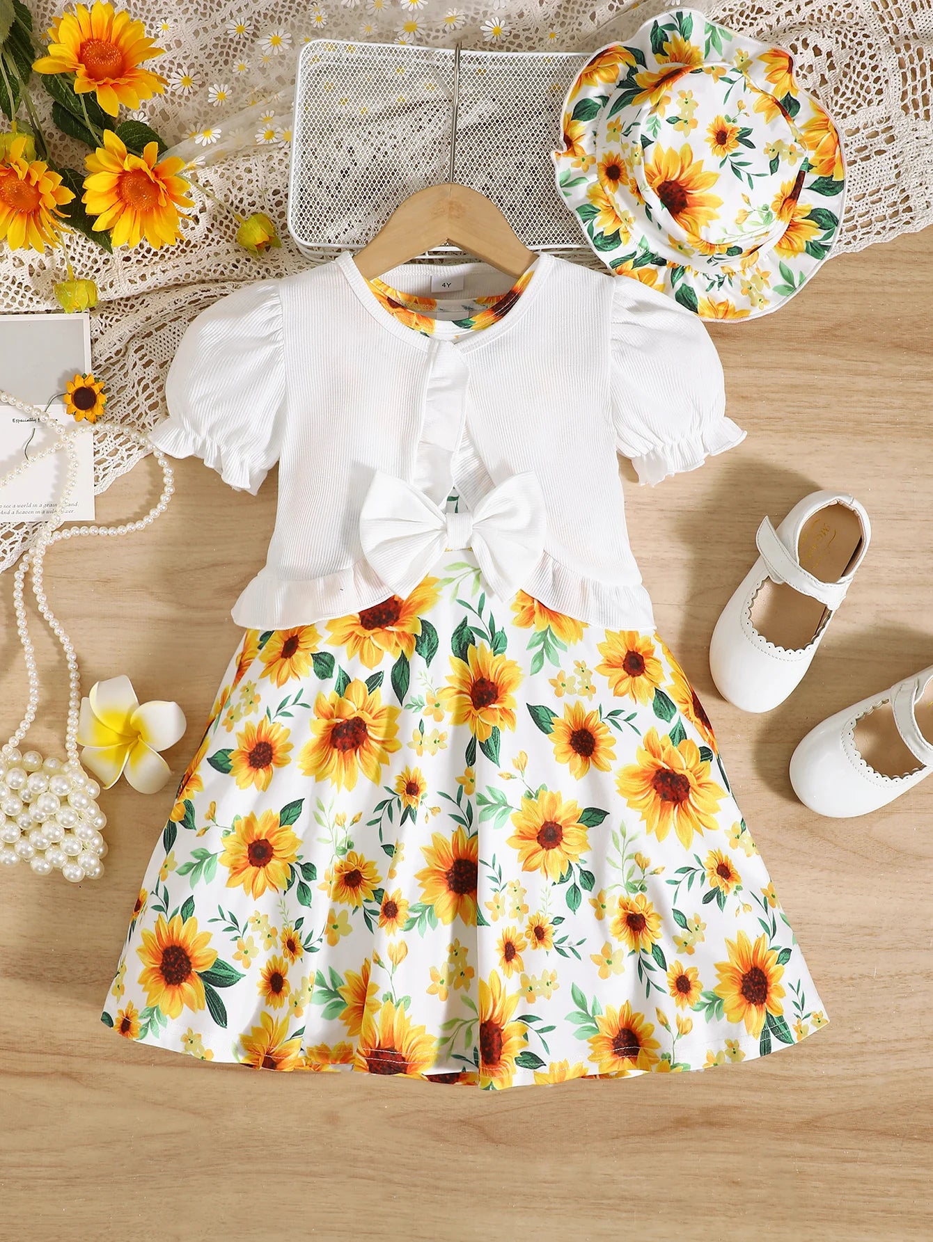 3Pcs Kid Girl Dress Sunflower Sleeveless Dress+Shawl+Hat Girl Summer Vacation Casual Dress Set for girls aged 3-8 Years