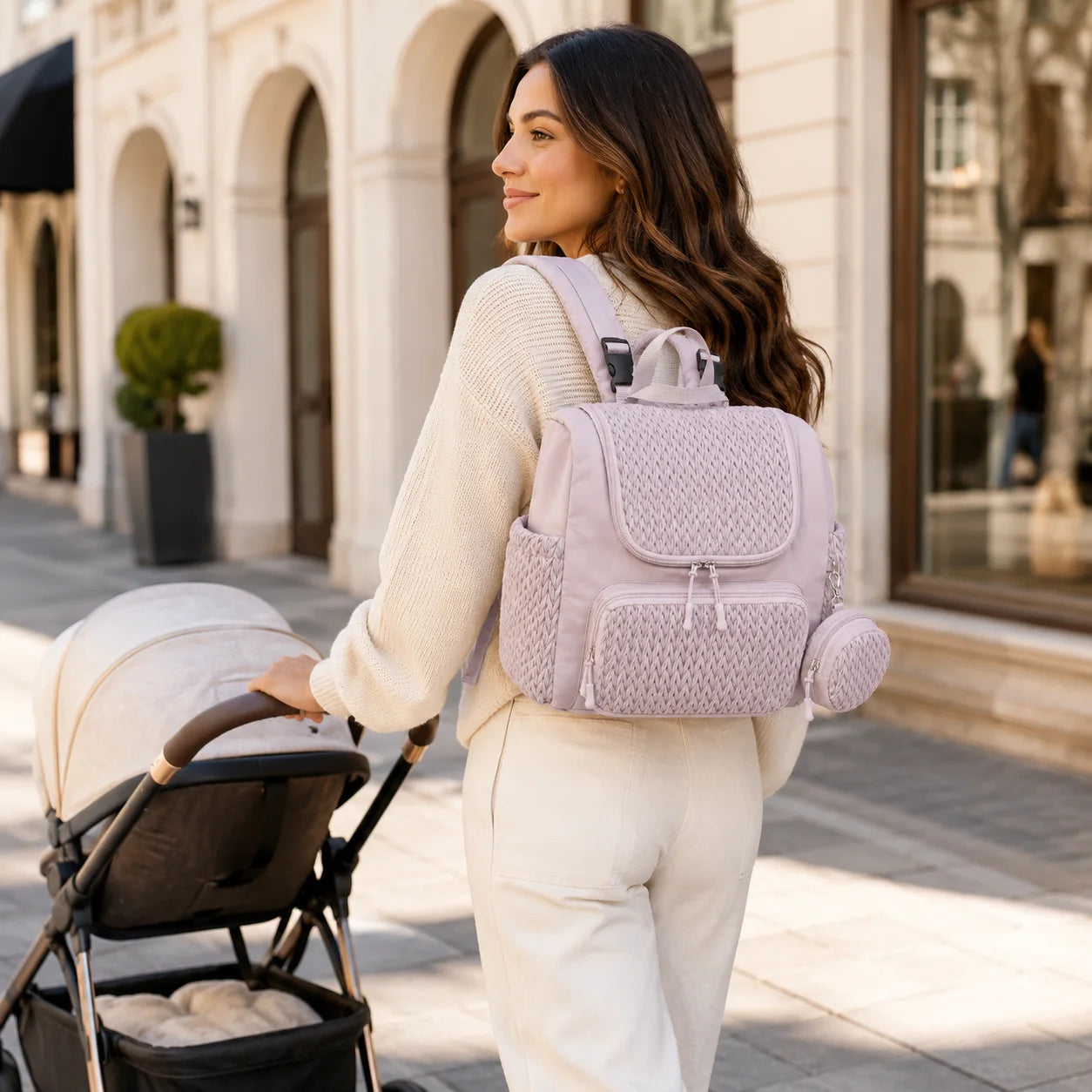 Fashion Mommy Diaper Backpack Large Capacity Baby Bag Herringbone Quilted Travel Nursing Bag with Multi Pockets Side Pouch for M