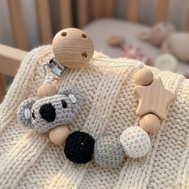 Personalized Baby Pacifier Clip with Name – Crochet Bear Wooden Star Teether Holder