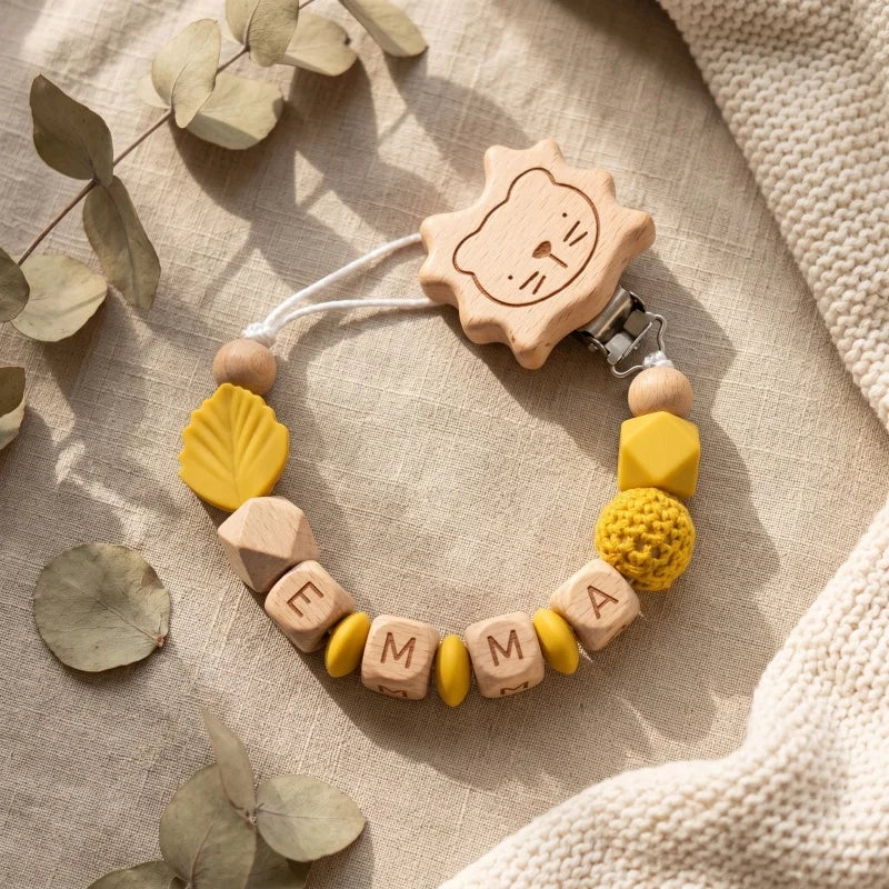 Personalized Baby Pacifier Clip with Name – Silicone & Wooden Bead Teether Soother Holder