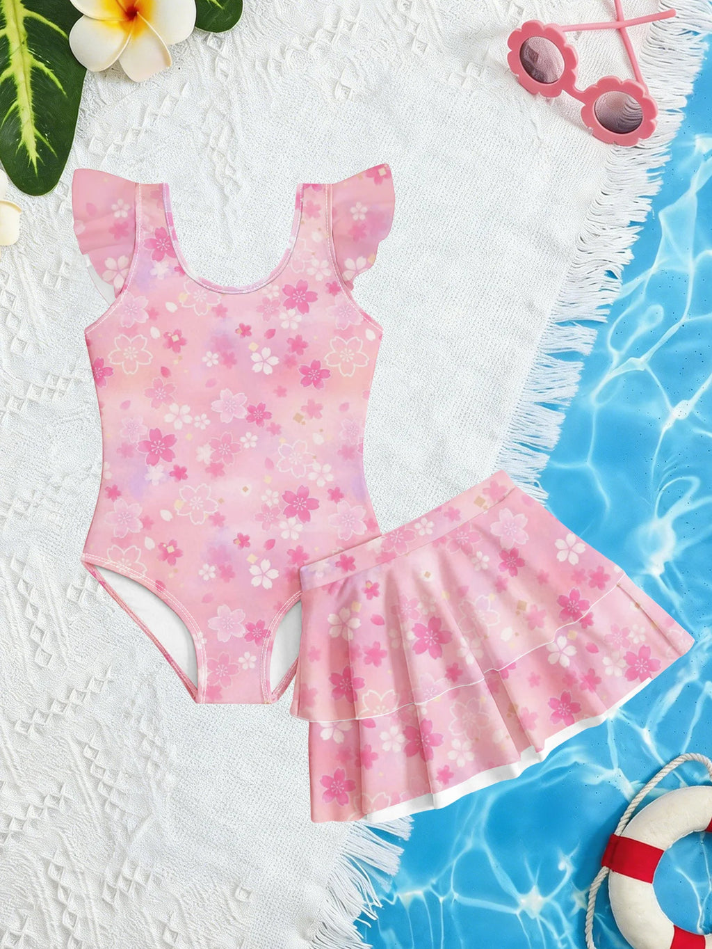 Kids Girls 2 Piece Pink Cherry Blossom Print One Piece Swimsuit with Ruffle Skirt Cover Up Summer Beach Swimwear