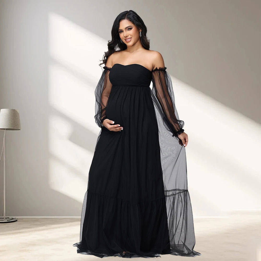 Women's Maternity Sweetheart Puff Sleeve Baby Shower Dress for Photoshoot Pregnant Tull Photography Party Gown