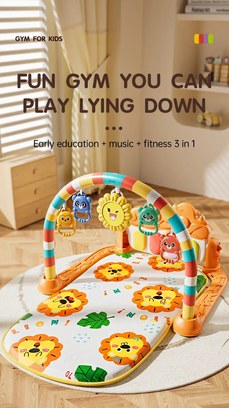 Baby Activity Play Mat with Music & Lights, 5 Detachable Sensory Toys Kick Piano Mat, Tummy Time Game Playmat