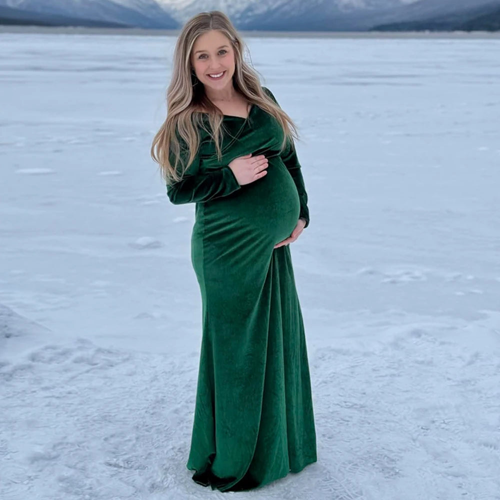 Velvet Maternity Off Shoulder Trailing Fitted Gown Maxi Photography Dress for Baby Shower Photo Props Dress