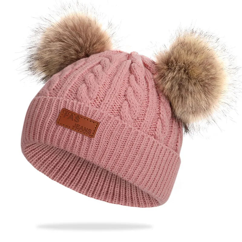 Winter Children Scarf And Hat Three Piece Set With Pom Pom Baby Infant Knitted Hat Warm Wool Thickened