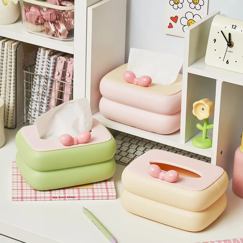 Cute spring-loaded tissue box with large capacity storage drawer for desks.
