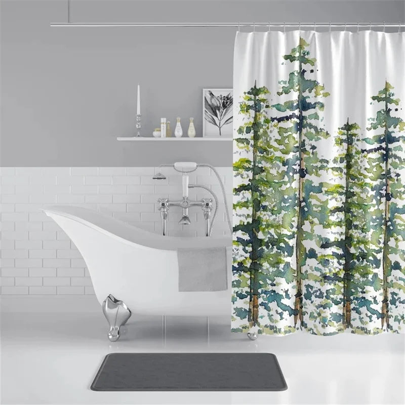 3D Digital Printed Shower Curtain, Thickened Waterproof Bathroom Curtain, Evergreen Tree Pattern Shower Curtain, Abstract Watercolor Tree, Waterproof and Anti-Fog Shower Curtain, No-Drill Set Bathroom Curtain