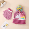 Cross-Border In-Stock Children's Cartoon Unicorn Knitted Hat and Gloves Two-Piece Set Winter Girls' Warm Knitted Hat Set