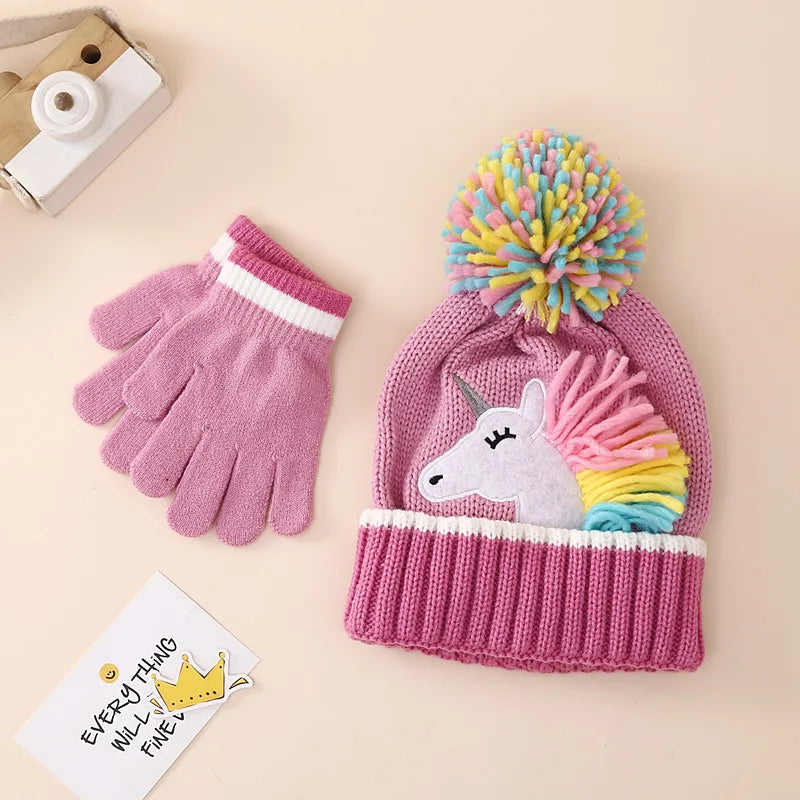 Cross-Border In-Stock Children's Cartoon Unicorn Knitted Hat and Gloves Two-Piece Set Winter Girls' Warm Knitted Hat Set