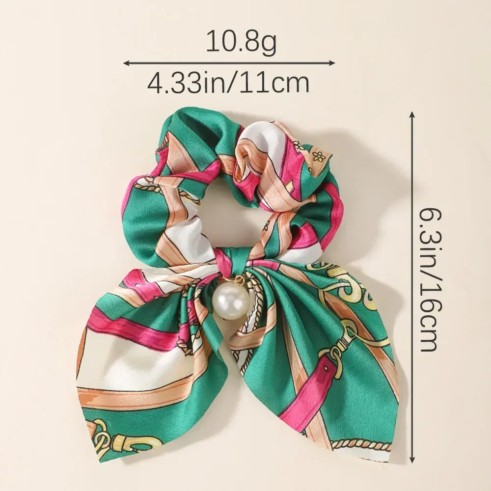 4Pcs/set Chiffon Printed Bowknot Elastic Hair Bands for Women Girls Pearl Scrunchies Headband Hair Ties Ponytail Holder