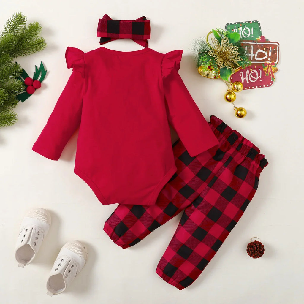 3Pcs Christmas Set Letter Printed Long sleeved Bodysuit Bow Checkered Pants+Headband Suitable 0-18 Months Baby Girl Holiday Set