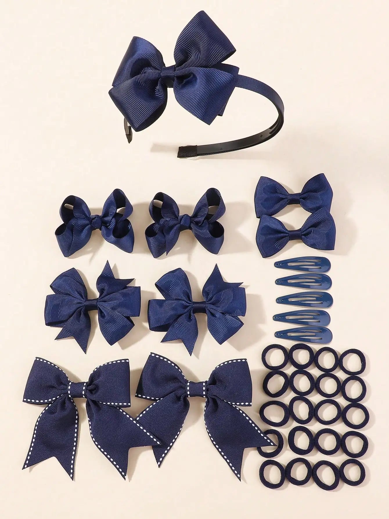 34Pcs Navy Blue Bow Hair Accessories Set for Girls Kids Hair Clips Headbands Elastic Hair Ties School Uniform Hair Styling Tools