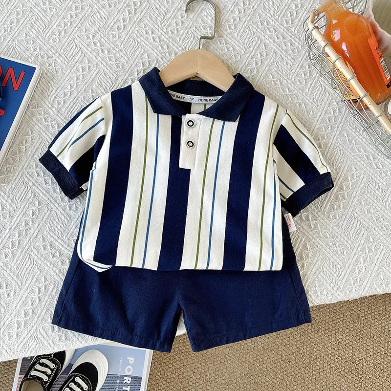 ‌New Boys Cotton Striped Shorts Set 2-Piece Summer Outfit Fashion Short Sleeve Casual Playwear Stylish Kids Clothing‌