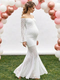 Pregnant Women's White Off Shoulder Lace Long Sleeve Mermaid Maxi Maternity Dress for Baby Shower, Maternity Photo Shoot
